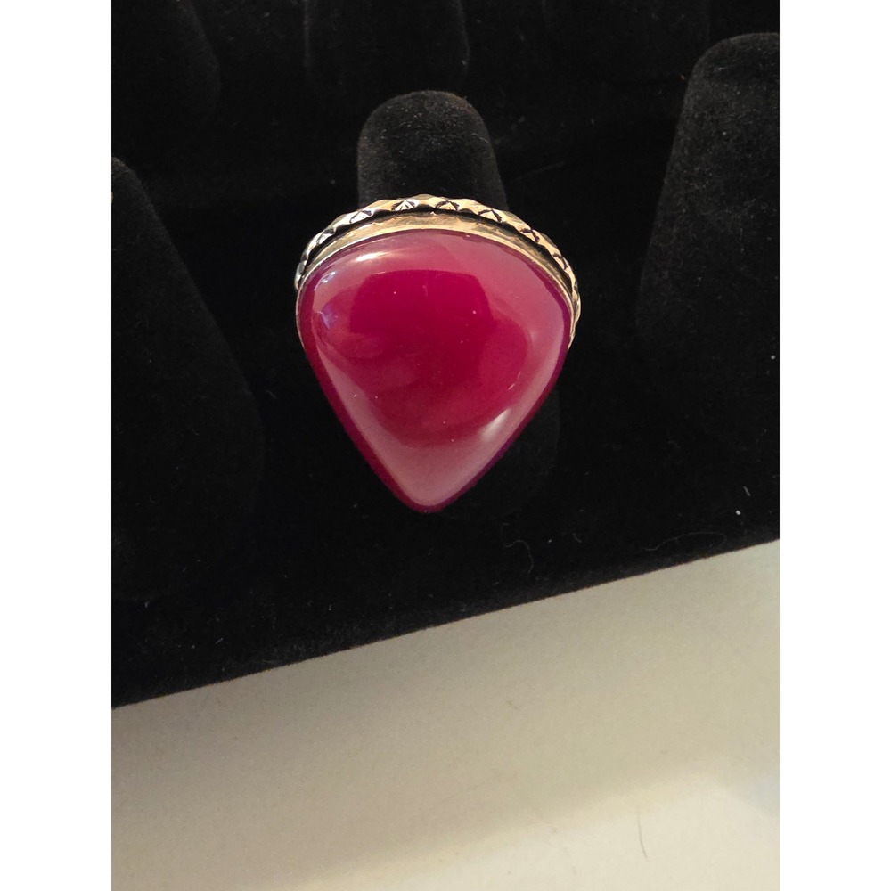 Vintage Magenta Pink Teardrop Cabochon Statement Ring Silver Tone Size 6 Boho